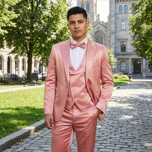 New 2026 Mens 3pc Solid Shiny Satin Dusty Rose Suit Set, Skinny Fit